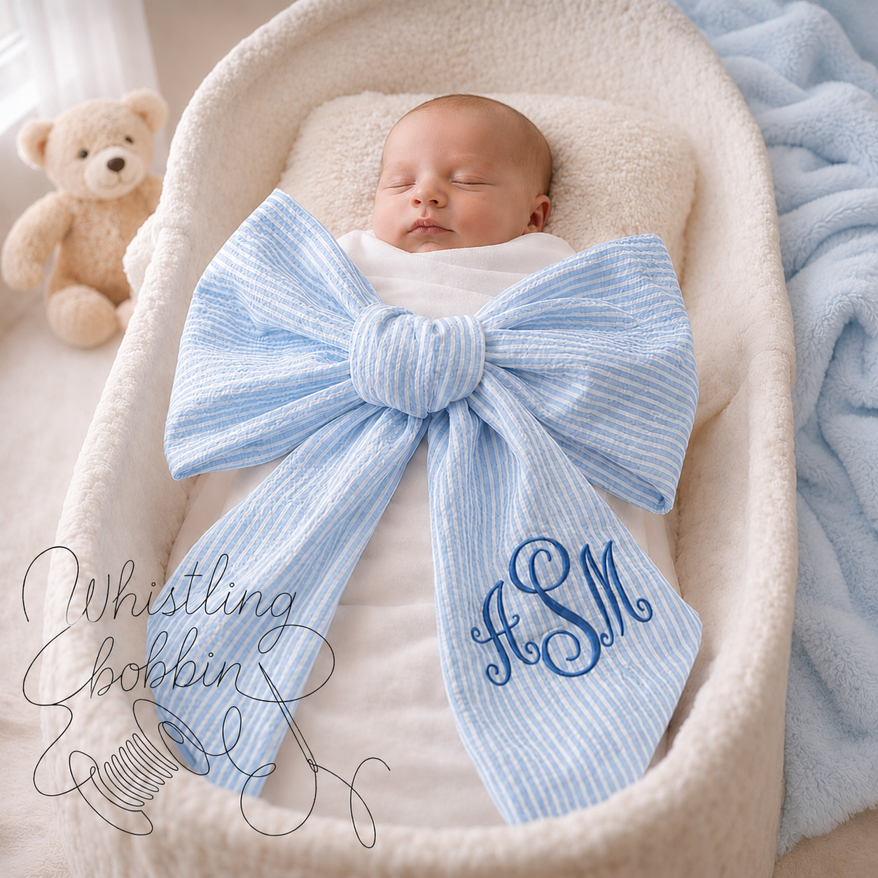 BLANKS Large BLUE Seersucker Swaddle/ Wreath Sashes 76x6.5