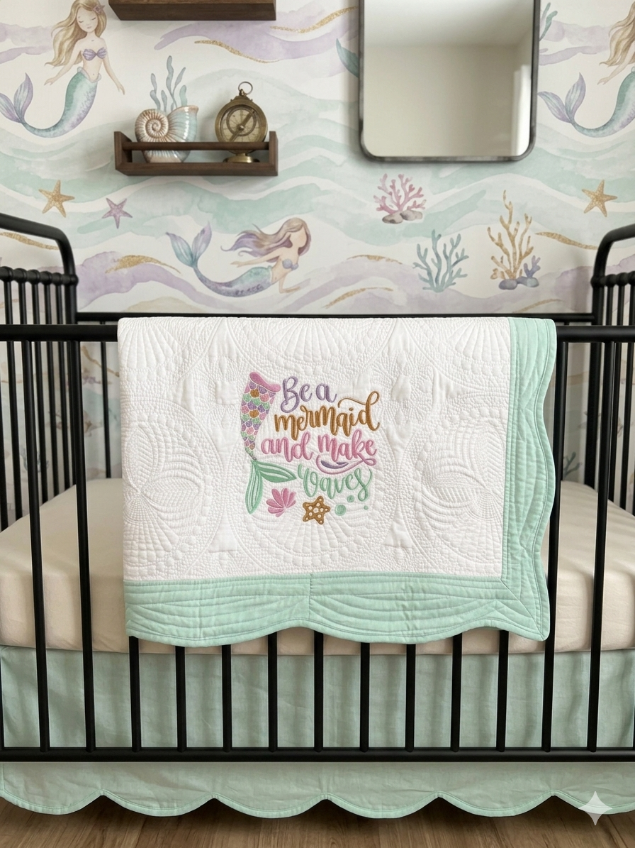 Custom Embroidered BE A MERMAID AND MAKE WAVES heirloom quilt