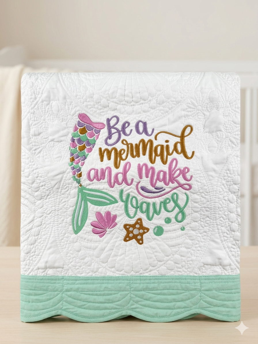 Custom Embroidered BE A MERMAID AND MAKE WAVES heirloom quilt