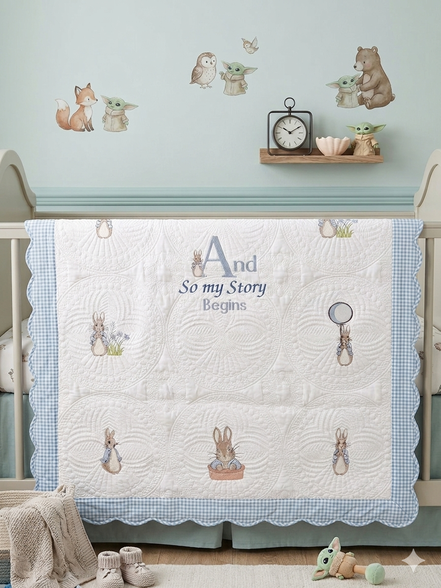 Custom Embroidered Beatrix Potter theme AND SO MY STORY BEGINS Heirloom quilt