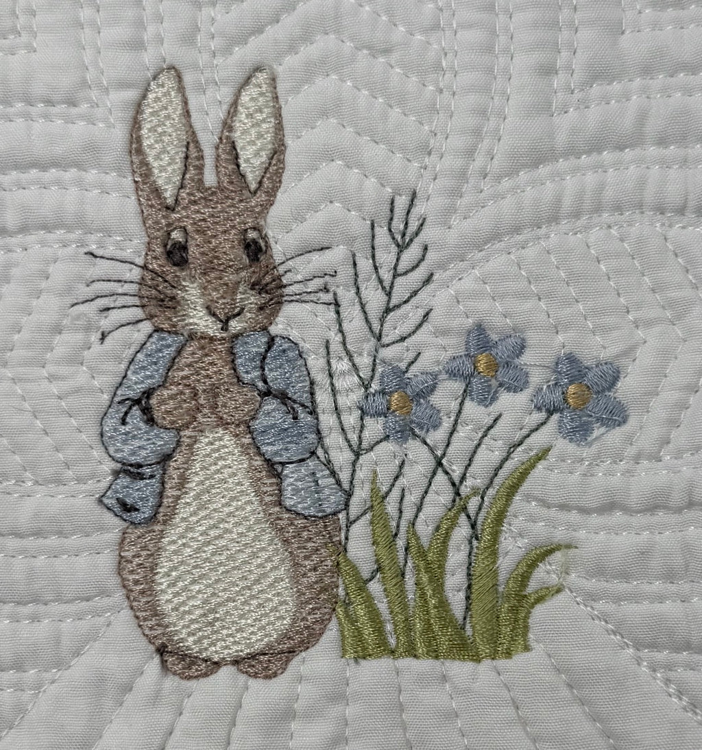 Custom Embroidered Beatrix Potter theme AND SO MY STORY BEGINS Heirloom quilt