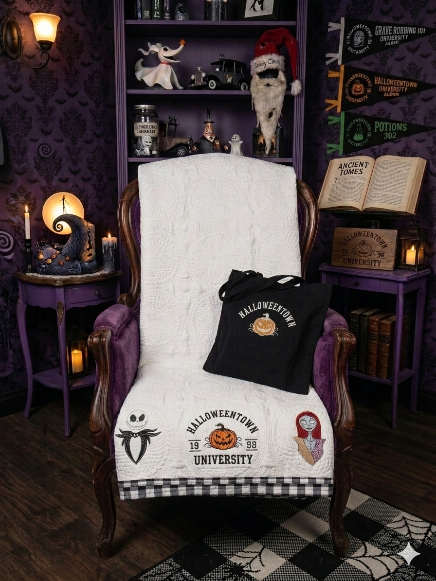 Halloween Town Nightmare Before Christmas Custom embroidered Heirloom Quilt set