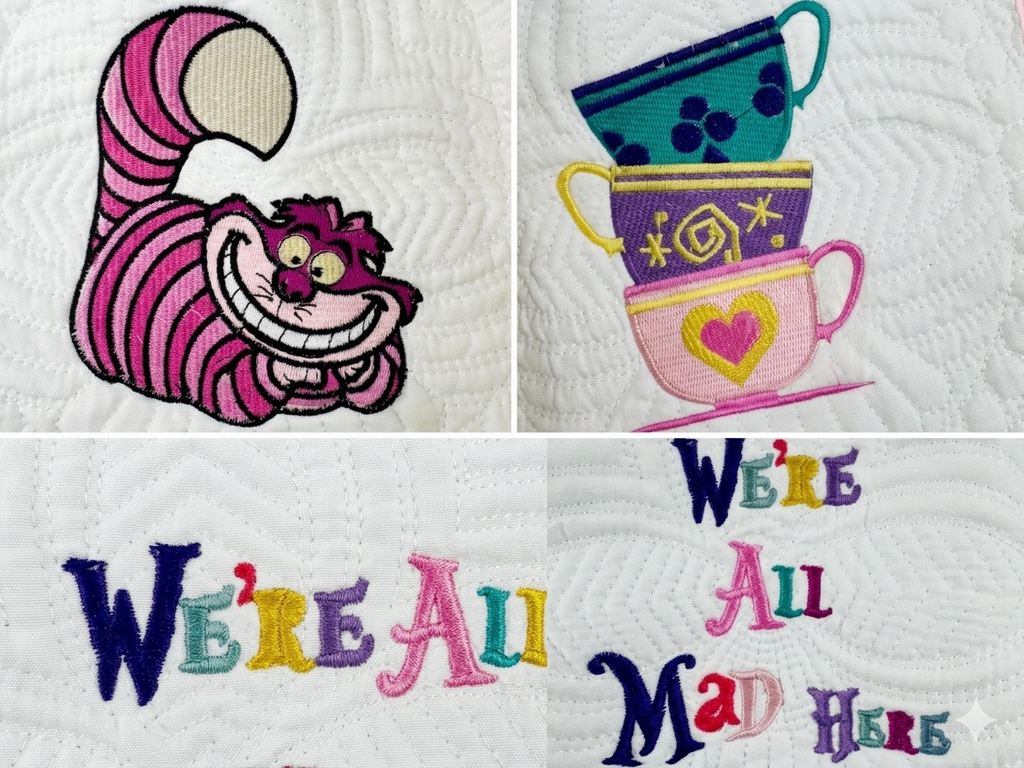 WE ARE ALL MAD HERE custom embroidered quilt