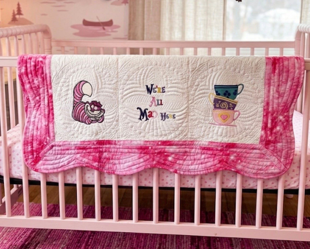 Custom Embroidered WE ARE ALL MAD HERE Cheshire Cat Heirloom Quilt