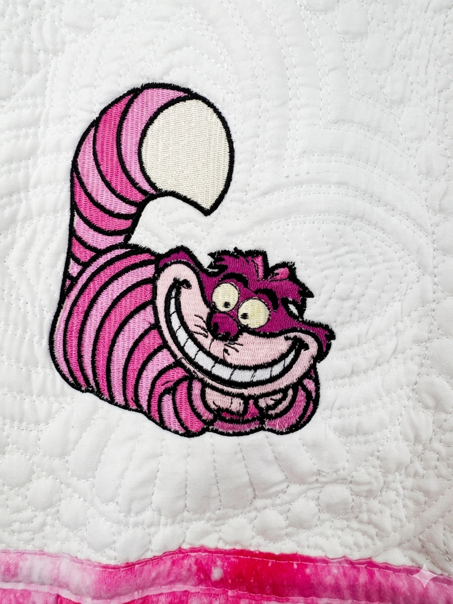 Custom Embroidered WE ARE ALL MAD HERE Cheshire Cat Heirloom Quilt
