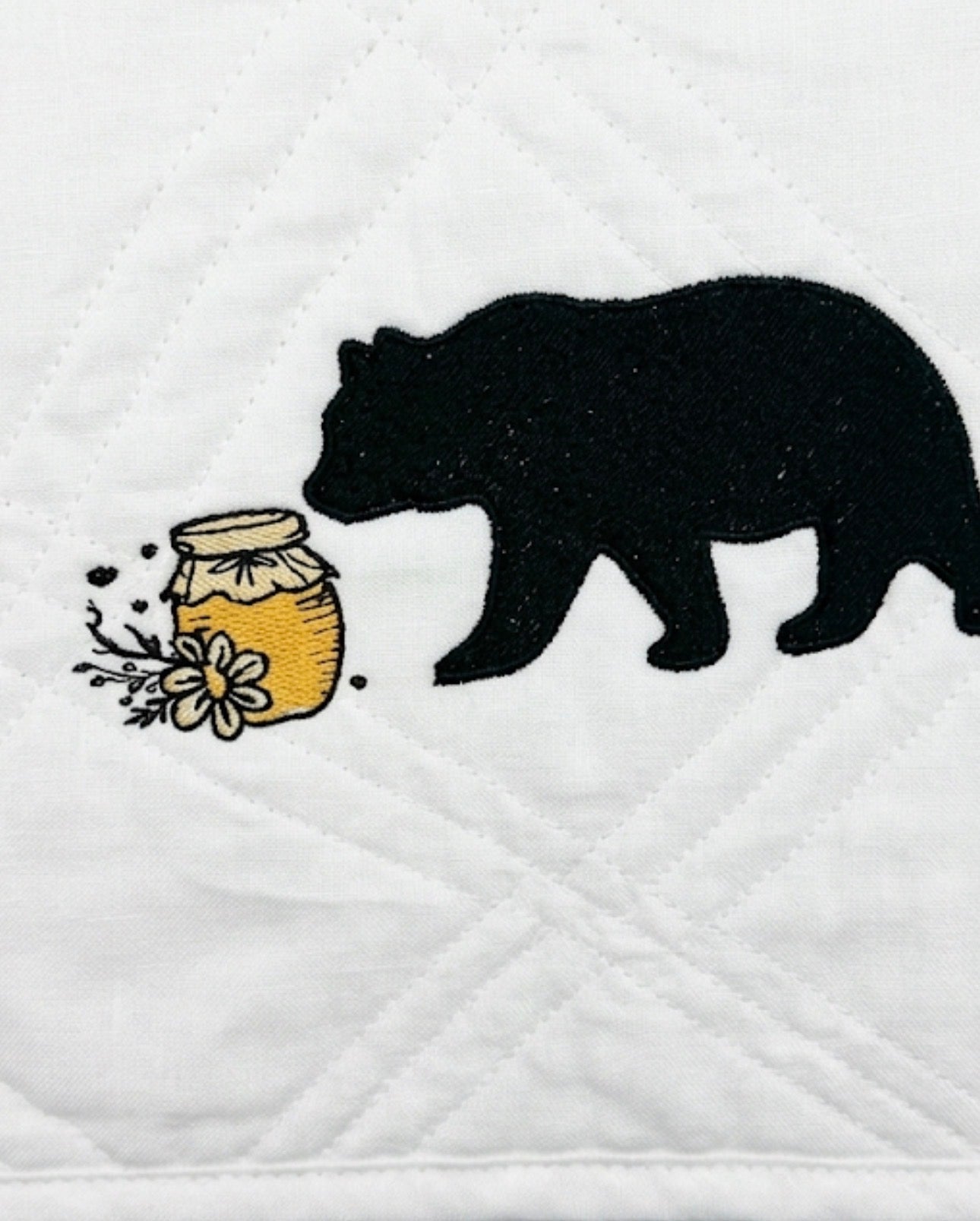Custom Embroidered AN OLD BEAR AND HIS HONEY LIVE HERE quilt 50x60