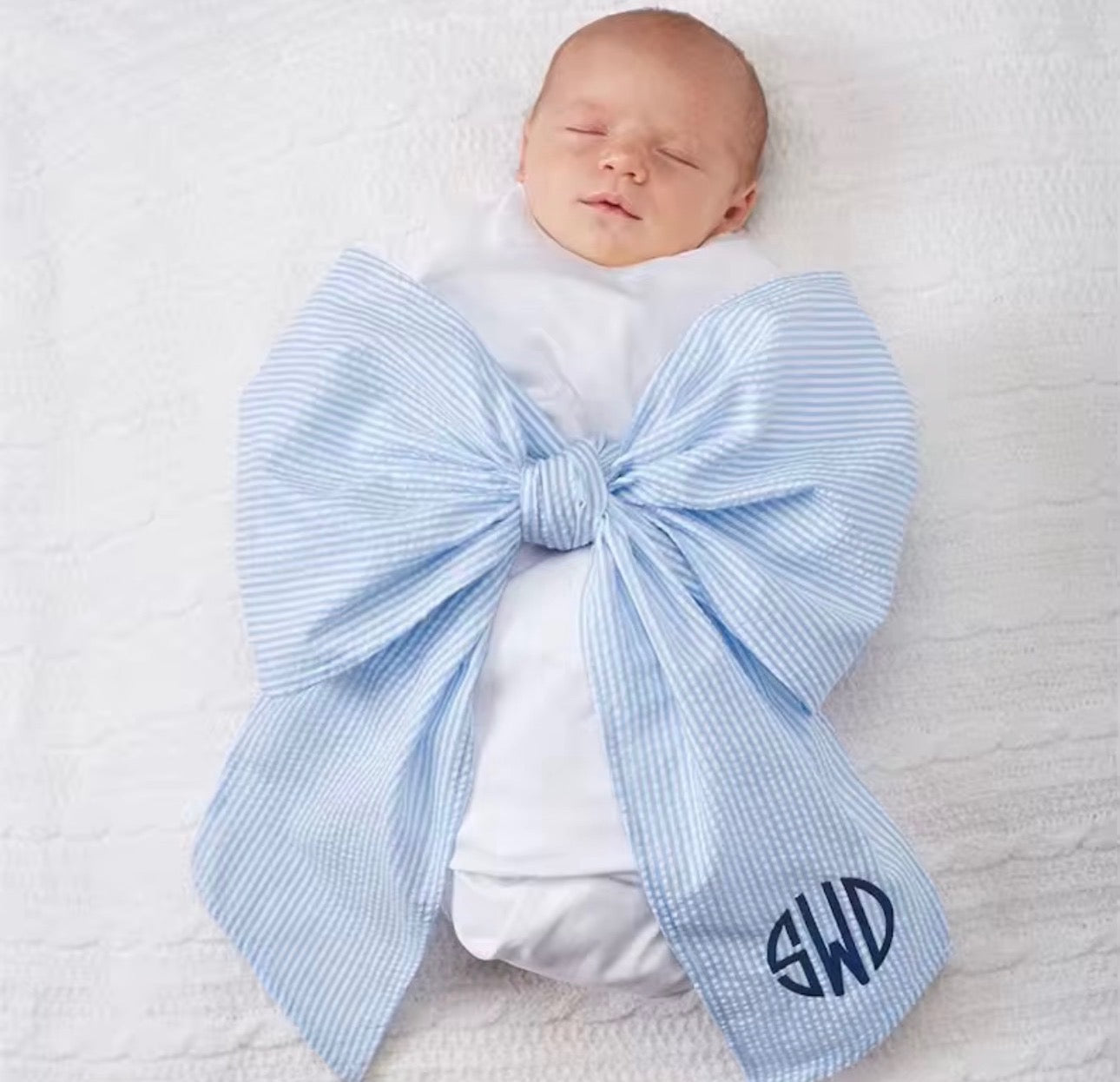 Large Blue Seersucker Baby /Wreath Sash