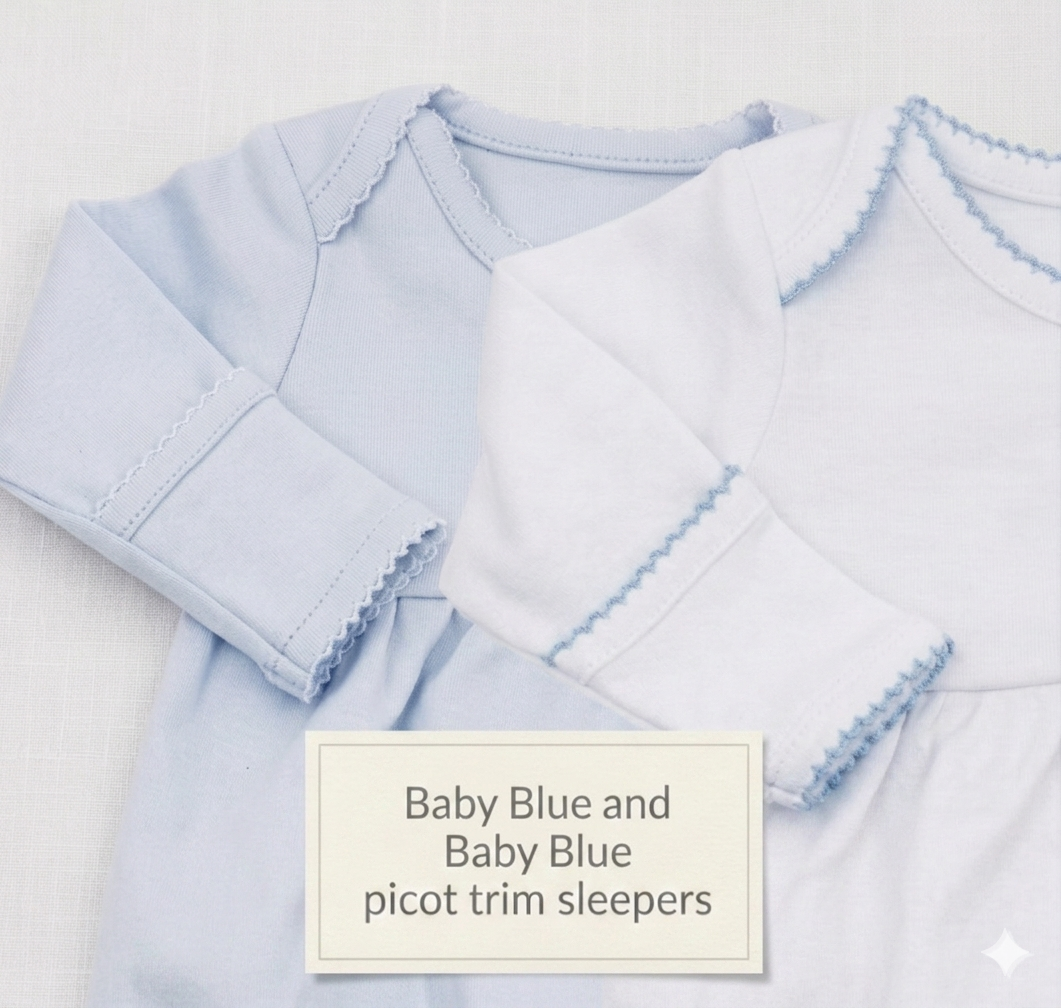 Personalized Picot Trim Newborn Sleeper White / Blue