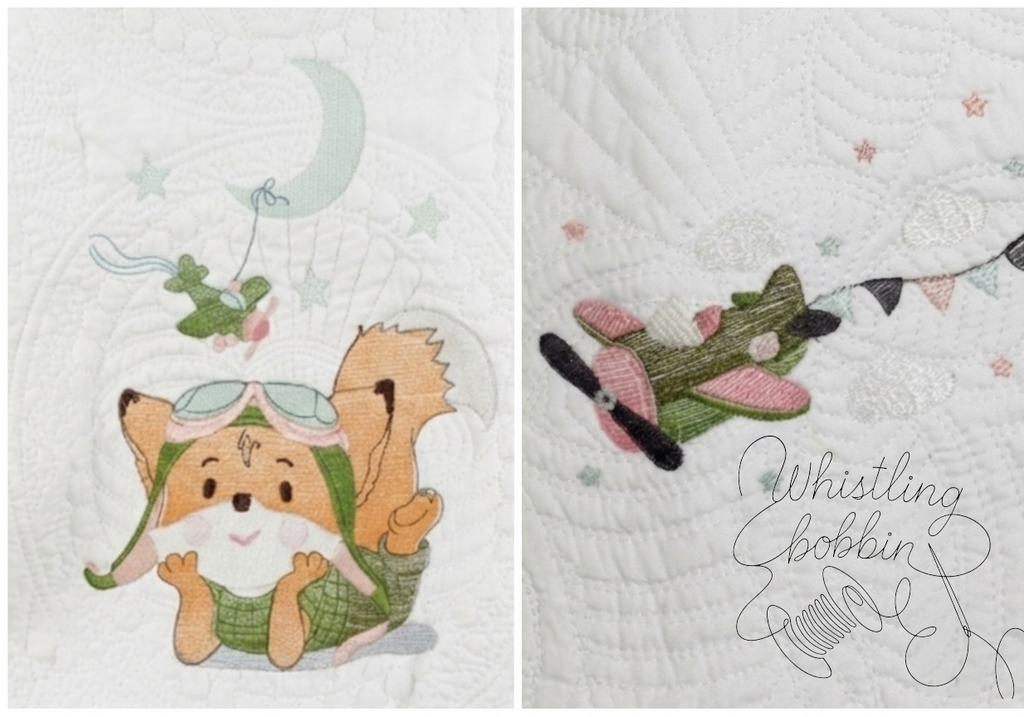 Custom Embroidered Aviator Fox Heirloom Quilt 35x46