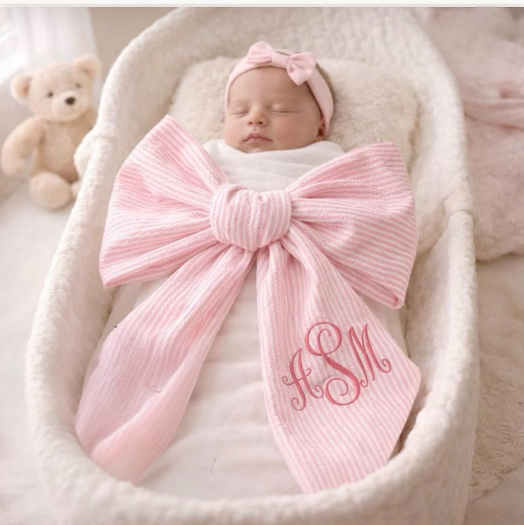 Large Pink Seersucker Baby /Wreath Sash