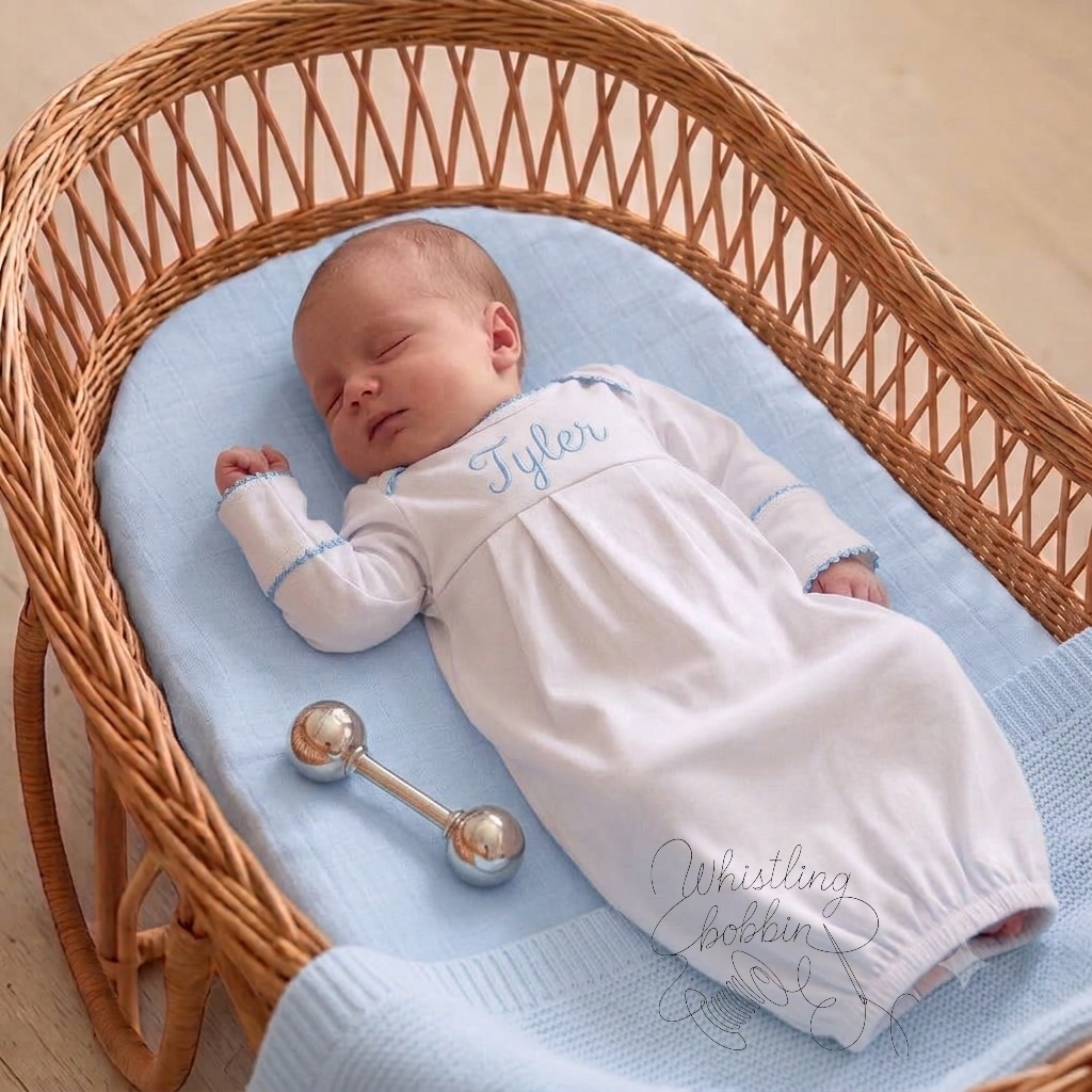 Wholesale Picot Trim Newborn Sleeper White / Blue