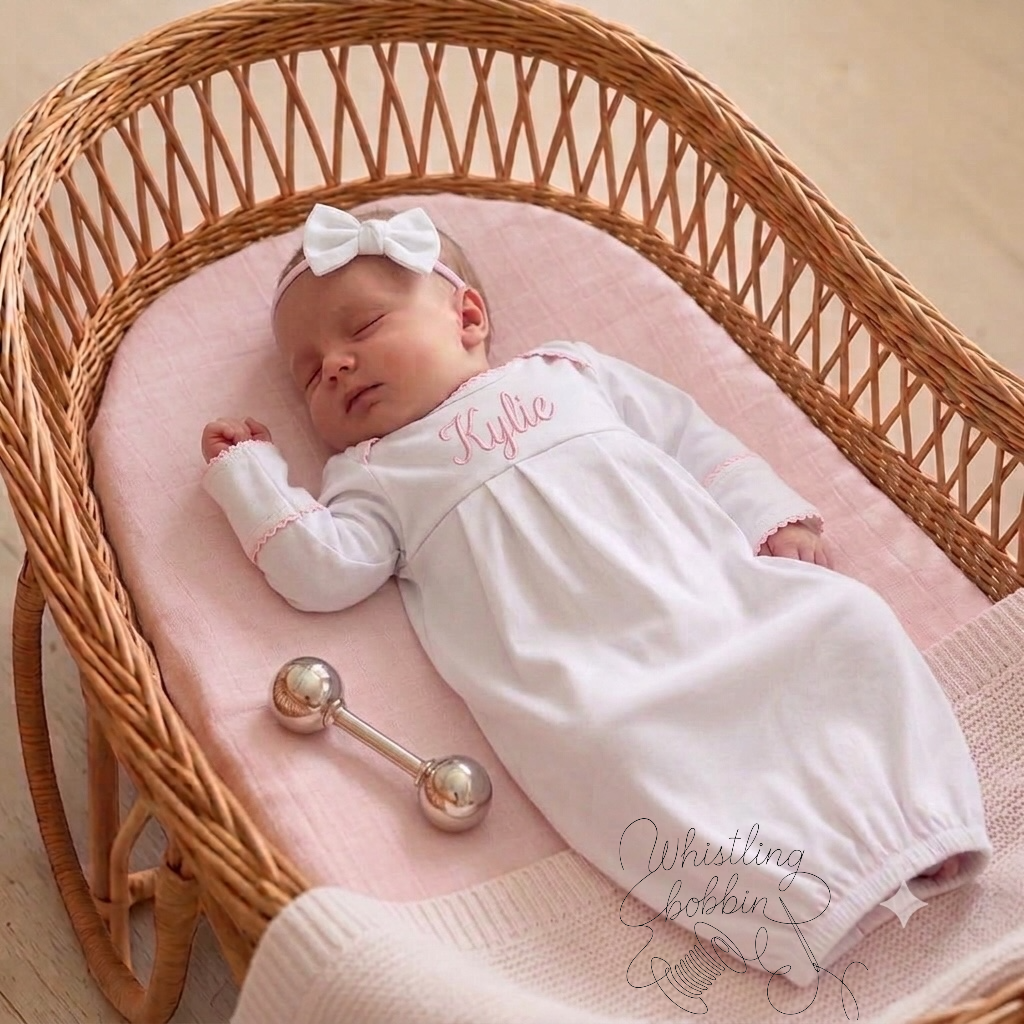 Wholesale Picot Trim Newborn Sleeper White/ Pink